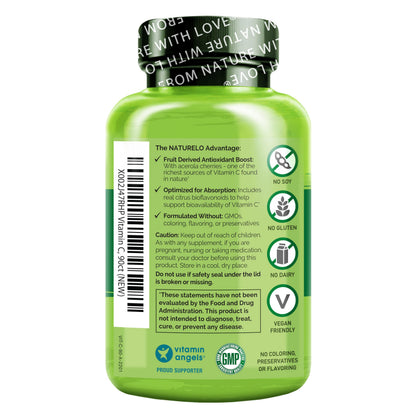 NATURELO Vitamin C with Organic Acerola Cherry Extract and Citrus Bioflavonoids - Vegan Supplement - Immune Support - 500 mg VIT C per Cap - OmniHealth US