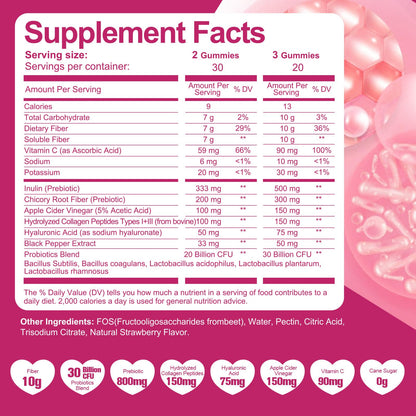 Migcopat 10G Fiber Gummies with Collagen Peptides, Hyaluronic Acid, Vitamin C, ACV, 30 Billion CFU Probiotics – Sugar Free Collagen Gummy for Skin, Hair & Nails - OmniHealth US