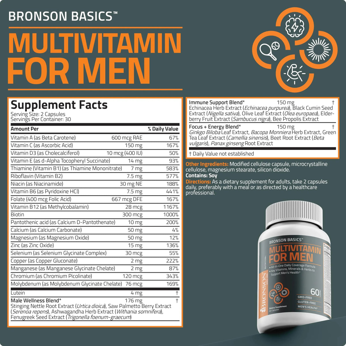 Bronson Multivitamin for Men All-in-One Daily Coverage Formula Key Vitamins, Minerals & Herbs to Support Men's Health, 60 Capsules BronsonBuy Supplements Australia