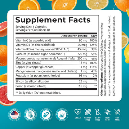 PUREHEALTH RESEARCH Bone Health Formula - for Bones, Joint & Skeletal Wellness - with Calcium, Magnesium, Zinc, Copper, Manganese, Potassium, Vitamin K2, D3, C - OmniHealth US