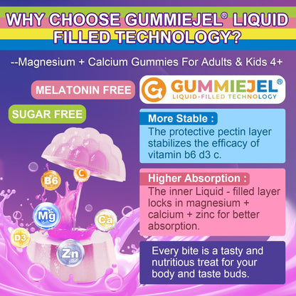 Neviss Magnesium Glycinate + Calcium Filled Gummies for Adults and Kids 4+, Kids Sleep Gummies Melatonin Free, Sugar Free Magnesium Supplement with B6 D3, OmniHealth US