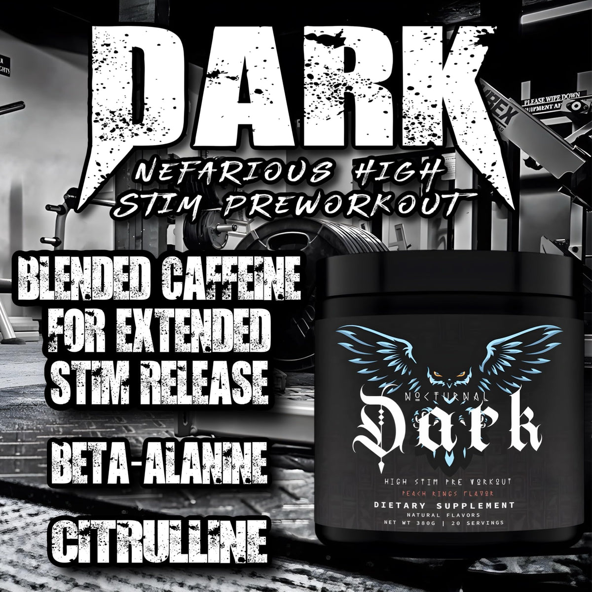 Nocturnal Labz Dark High Stim Pre Workout Powder | Potent Pre-workout Formula for Men & Women, Maximize Energy, Focus, Endurance, Citrulline Malate, Caffeine, Beta-Alanine, (20 Servings) (Peach Rings)