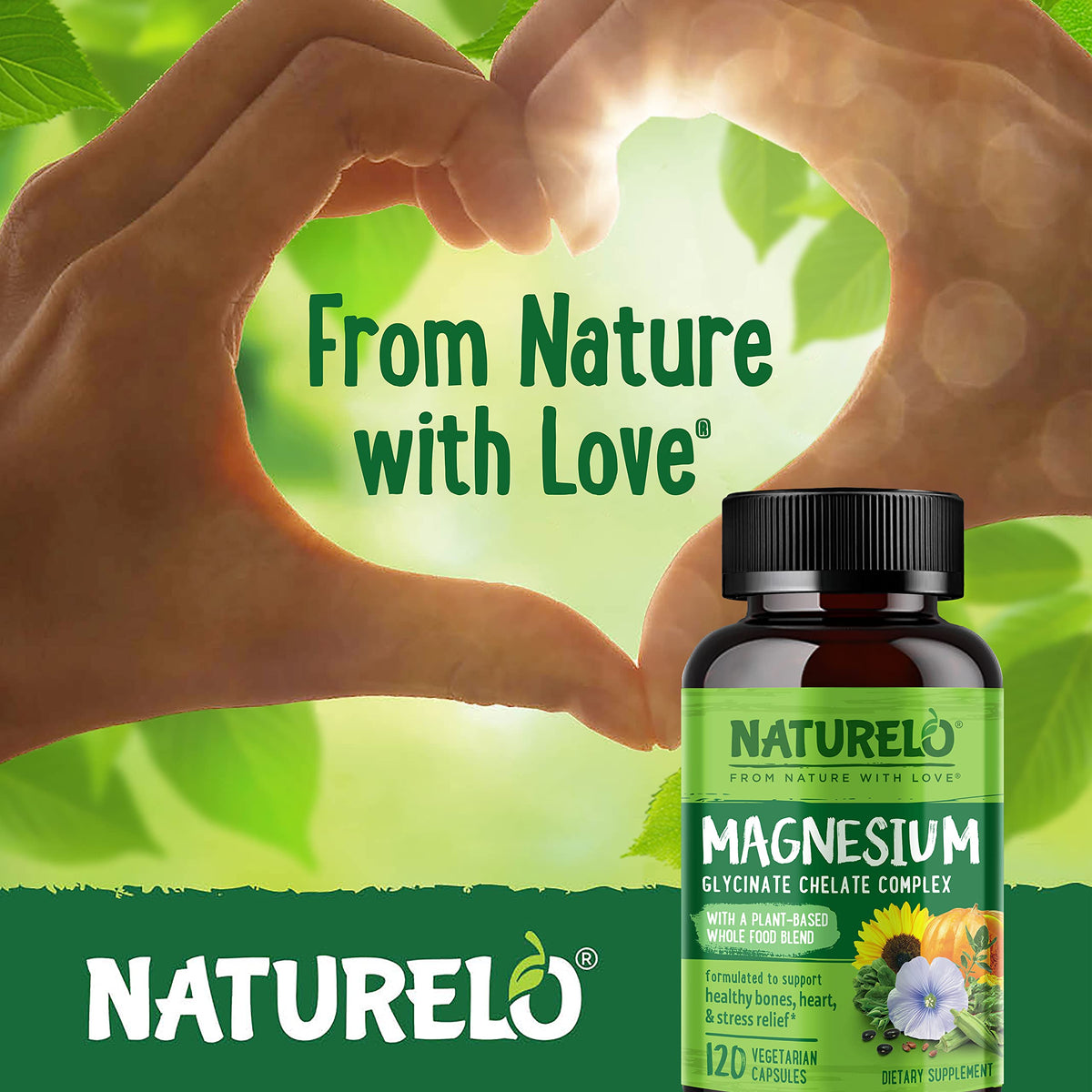 NATURELO Magnesium Glycinate Chelate Complex - 200 mg Magnesium with Organic Vegetables to Support Sleep, Calm, Muscle Cramp & Stress Relief - OmniHealth US