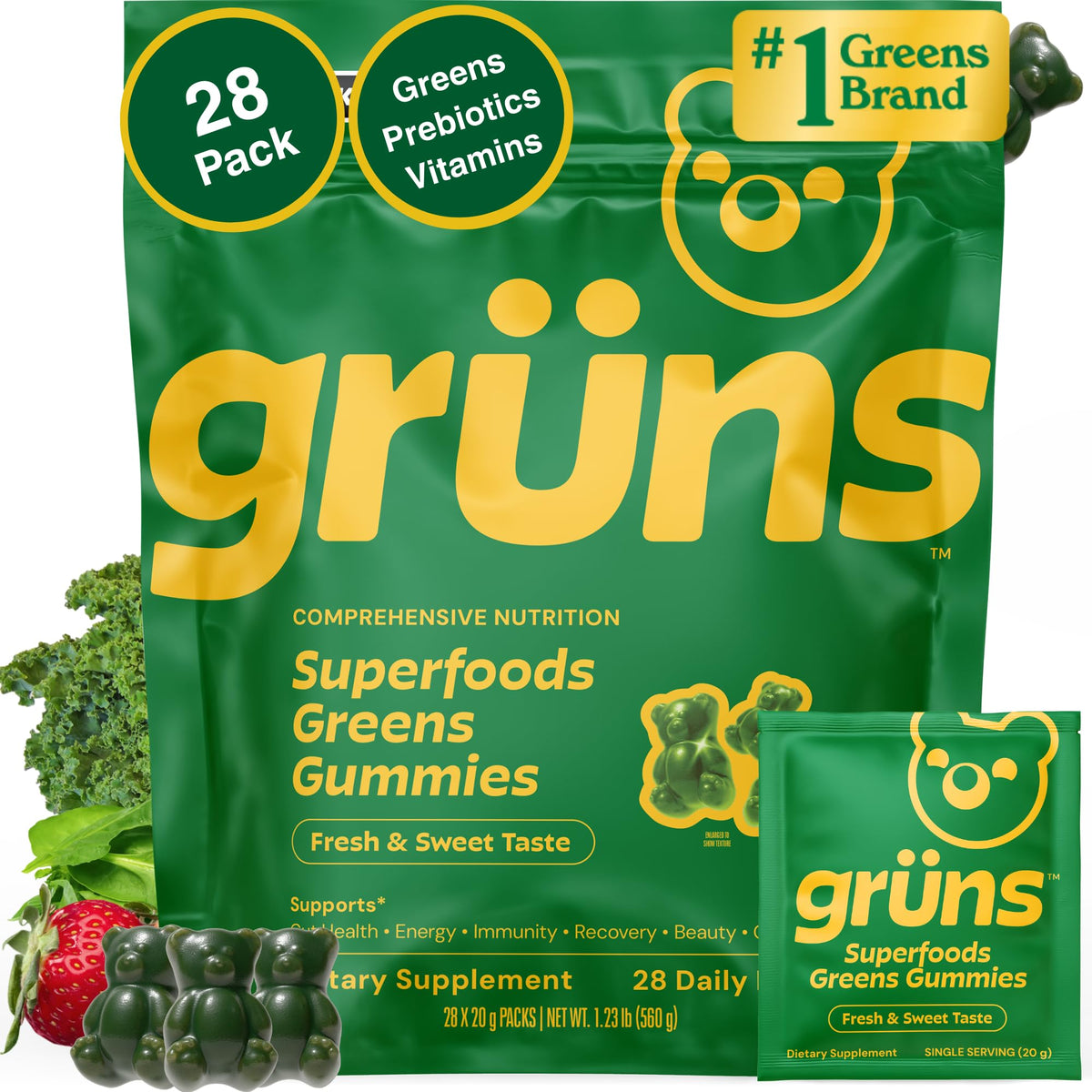 Gruns Adult Super Greens Multivitamin Gummies, Superfood Gummy Vitamins for Women and Men with Spirulina, Chlorella - OmniHealth US