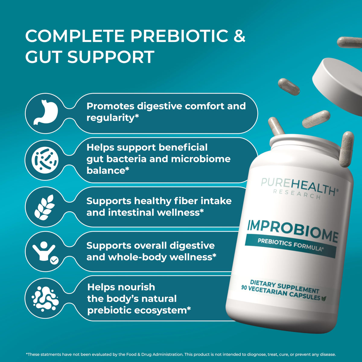PUREHEALTH Research Improbiome - Prebiotic Fiber - Natural Support for Healthy Gut Prebiotics - Digestive Nutritional Supplements - with Jerusalem Artichoke, OmniHealth US
