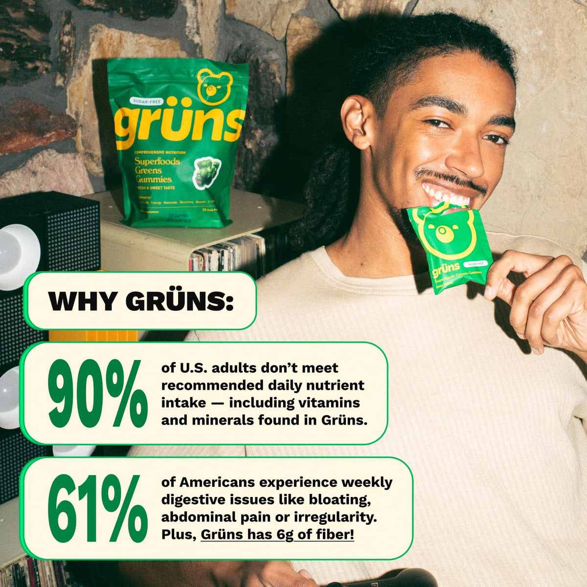Gruns Adult Super Greens Multivitamin Gummies, Superfood Gummy Vitamins for Women and Men with Spirulina, Chlorella - OmniHealth US