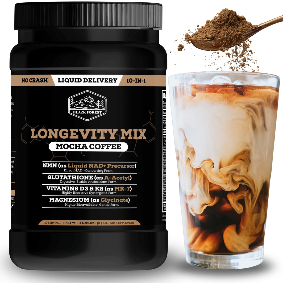 Black Forest Longevity Mix Liquid NAD+ Alternative Mocha Coffee 10-in-1 with NMN 250mg, Glutathione 250mg, TMG, Magnesium Glycinate, Vitamins D3 K2 C B12, High Polyphenol Cocoa, 30 Servings - OmniHealth US