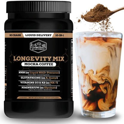 Black Forest Longevity Mix Liquid NAD+ Alternative Mocha Coffee 10-in-1 with NMN 250mg, Glutathione 250mg, TMG, Magnesium Glycinate, Vitamins D3 K2 C B12, High Polyphenol Cocoa, 30 Servings - OmniHealth US