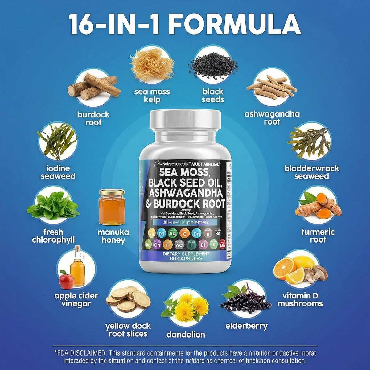 Clean Nutraceuticals Sea Moss Black Seed Oil Ashwagandha Turmeric Bladderwrack Burdock & Vitamin C Vitamin D3 with Elderberry - OmniHealth US