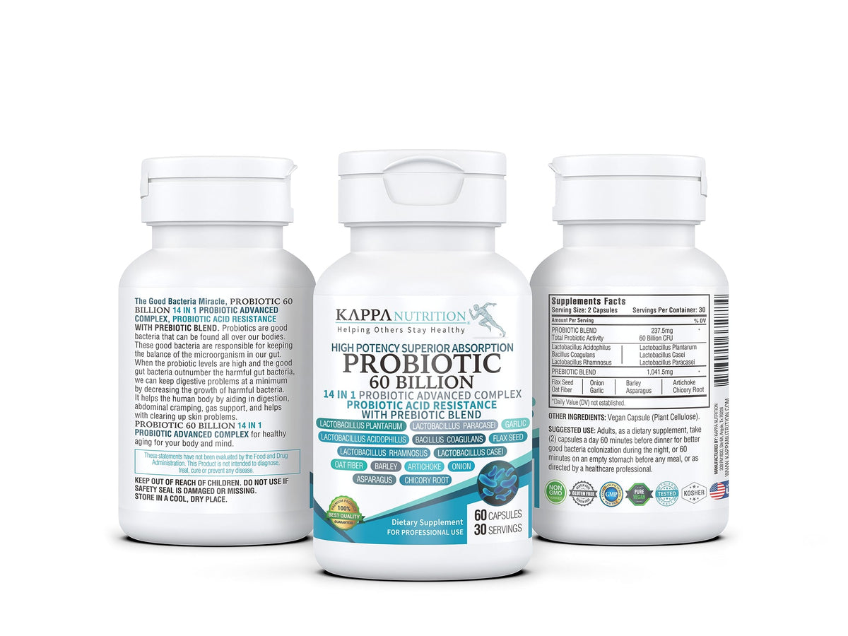 KAPPA NUTRITION Probiotic 60 Billion CFU 14 in 1 Formula with Prebiotics & Acidophilus for Women, Men & Adults, Shelf Stable, Acid Resistant - OmniHealth US