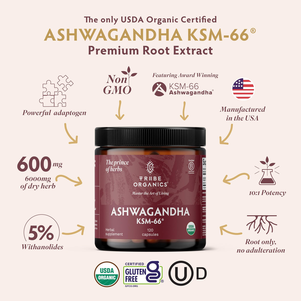 TRIBE ORGANICS Ashwagandha KSM 66 Pure Organic Root Powder Extract Ayurvedic Supplement - Focus, Mood Support, Increase Energy, Strength, 600mg of Natural KSM66 - OmniHealth US