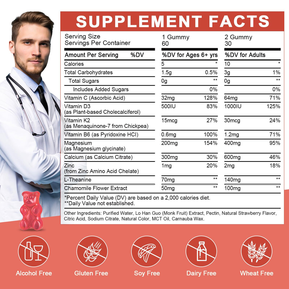 Magnesium Glycinate Gummies for Kids & Adults - Relaxation & Cognition Support - 400/200mg Magnesium Supplement with L-Theanine, Chamomile, B6, D3 & K2 - OmniHealth US