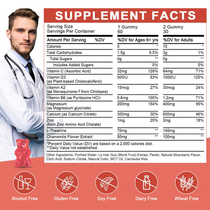 Magnesium Glycinate Gummies for Kids & Adults - Relaxation & Cognition Support - 400/200mg Magnesium Supplement with L-Theanine, Chamomile, B6, D3 & K2 - OmniHealth US