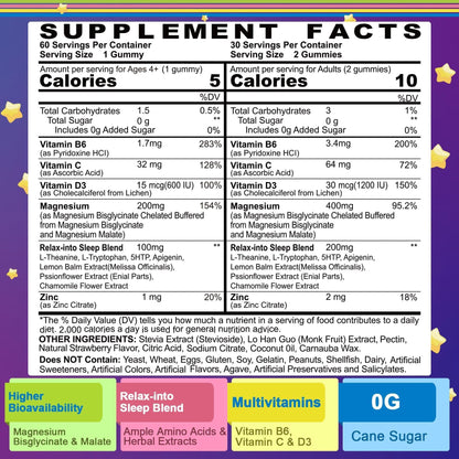 Magnesium Glycinate Gummies for Adults & Kids 4+, Sugar Free Magnesium Bisglycinate Supplement 400/200mg with B6D3, 5HTP, L-Theanine for Sleep & Relaxation - OmniHealth US