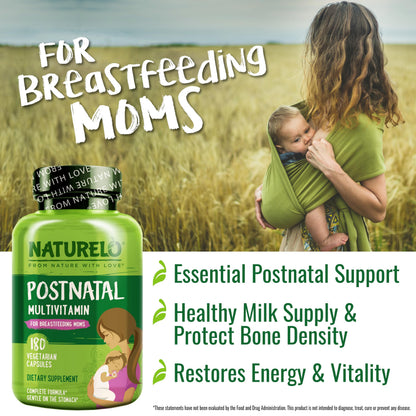 NATURELO Postnatal Multivitamin - Supplement for Breastfeeding Women - Plant-Based Vitamin D, Folate, Gentle Iron - for Nursing Mother, Baby - OmniHealth US