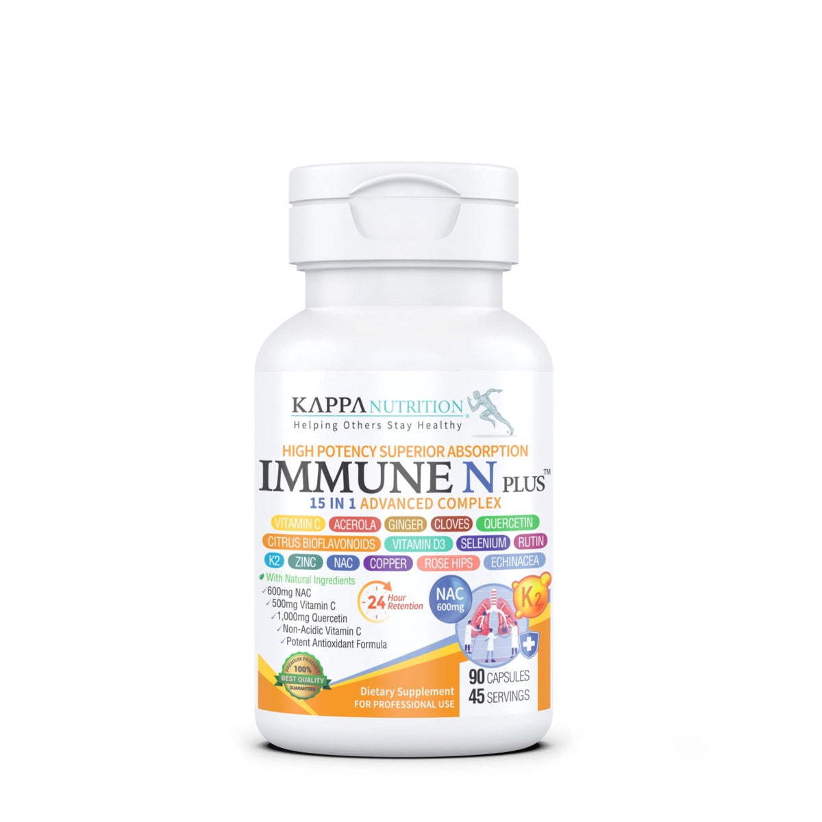 (90 Capsules), NAC 600mg, Quercetin 1,000mg, Vitamin C 500mg, Zinc 50mg, Vitamin D3 5,000iu, Selenium, Copper, Acerola, Ginger, Rutin, Citrus Bioflavonoids, Rose Hips, Echinacea, Immune N Plus 15 in 1 - Maple Wellness Supplements