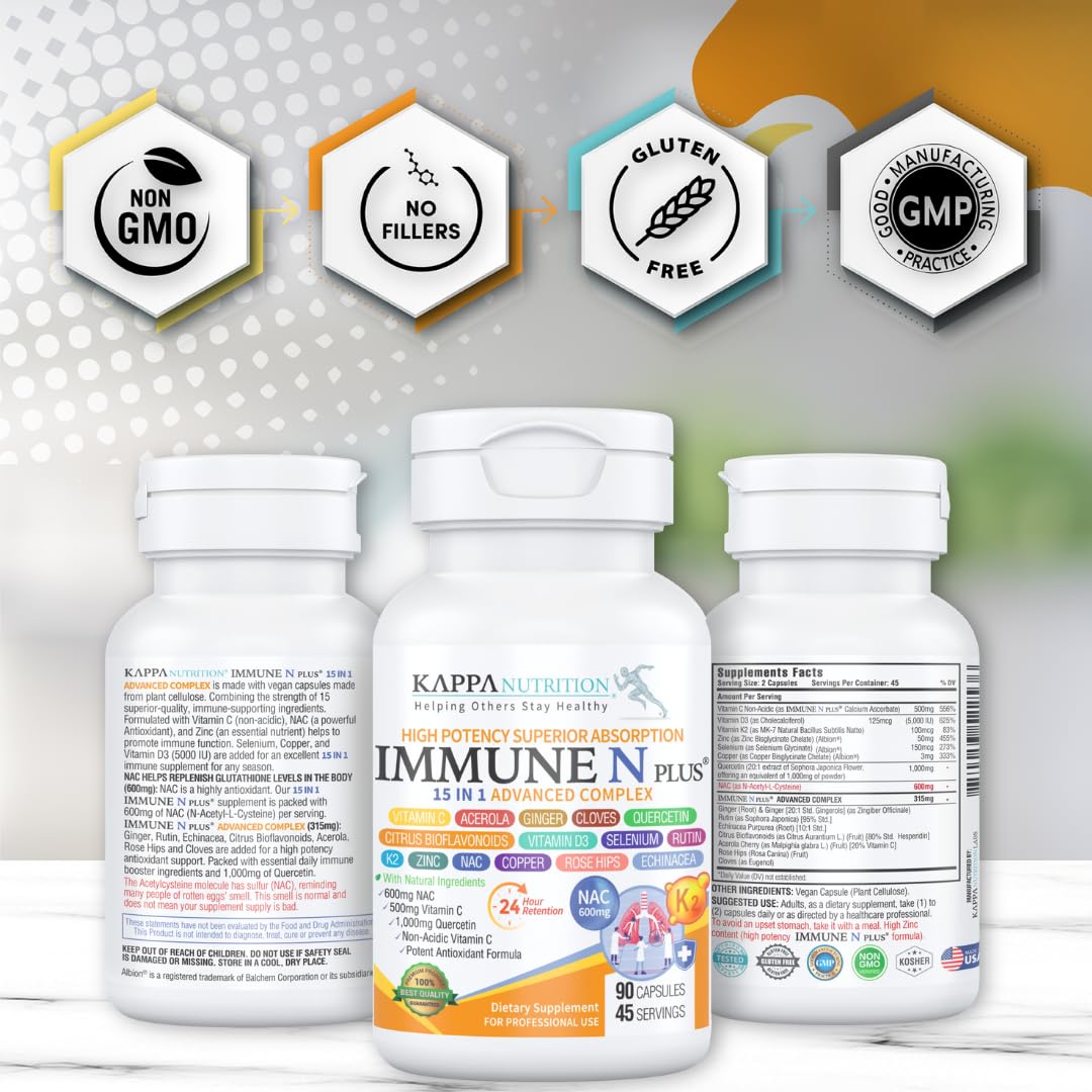 (90 Capsules), NAC 600mg, Quercetin 1,000mg, Vitamin C 500mg, Zinc 50mg, Vitamin D3 5,000iu, Selenium, Copper, Acerola, Ginger, Rutin, Citrus Bioflavonoids, Rose Hips, Echinacea, Immune N Plus 15 in 1 - Maple Wellness Supplements