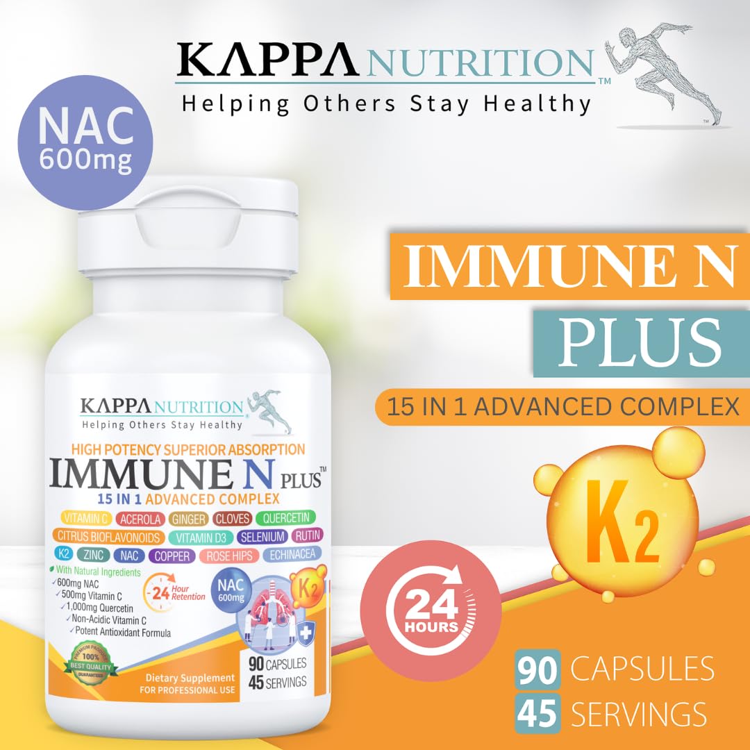 (90 Capsules), NAC 600mg, Quercetin 1,000mg, Vitamin C 500mg, Zinc 50mg, Vitamin D3 5,000iu, Selenium, Copper, Acerola, Ginger, Rutin, Citrus Bioflavonoids, Rose Hips, Echinacea, Immune N Plus 15 in 1 - Maple Wellness Supplements