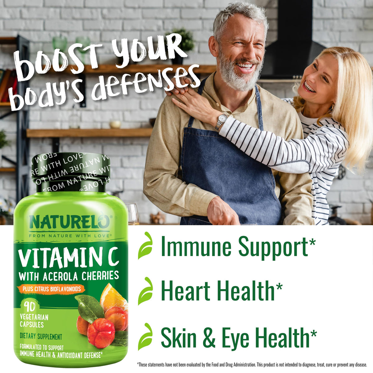 NATURELO Vitamin C with Organic Acerola Cherry Extract and Citrus Bioflavonoids - Vegan Supplement - Immune Support - 500 mg VIT C per Cap - OmniHealth US