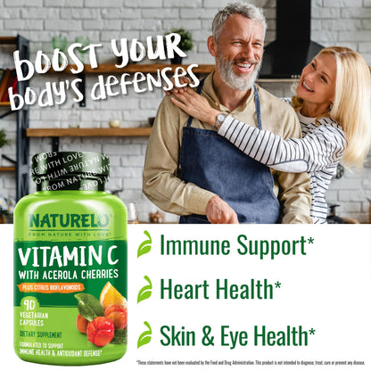 NATURELO Vitamin C with Organic Acerola Cherry Extract and Citrus Bioflavonoids - Vegan Supplement - Immune Support - 500 mg VIT C per Cap - OmniHealth US