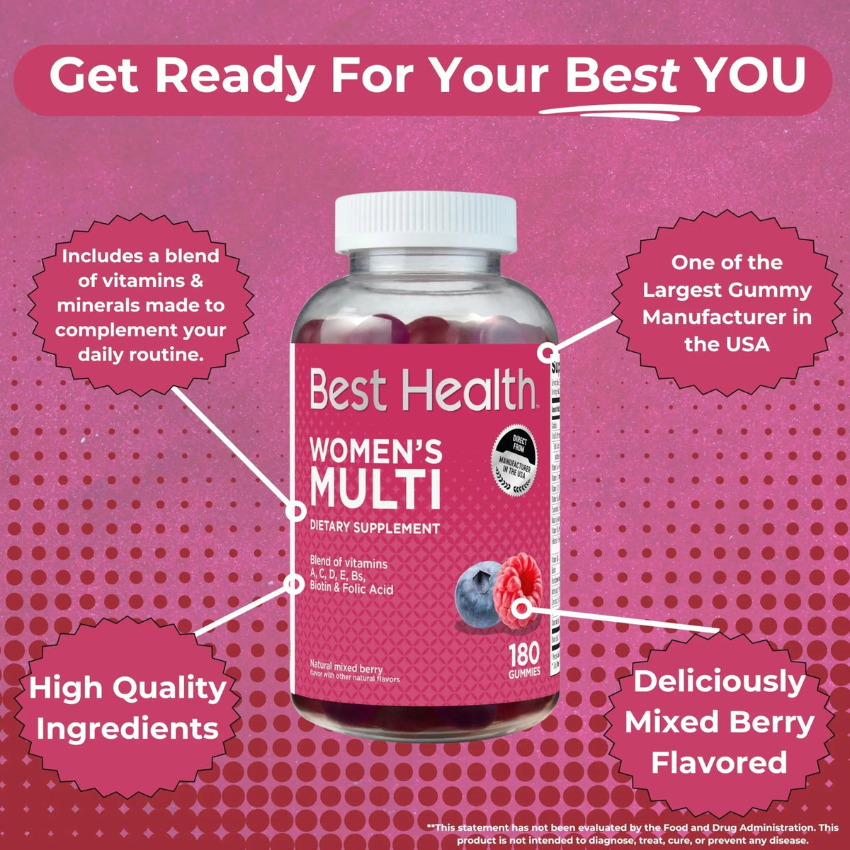 Best Health Women’s Multivitamin Gummies, Multivitamin for Women with Biotin, Folic Acid, Vitamins A,C,D,E,Natural Mixed Berry Flavor (180ct) Best HealthBuy Supplements Australia