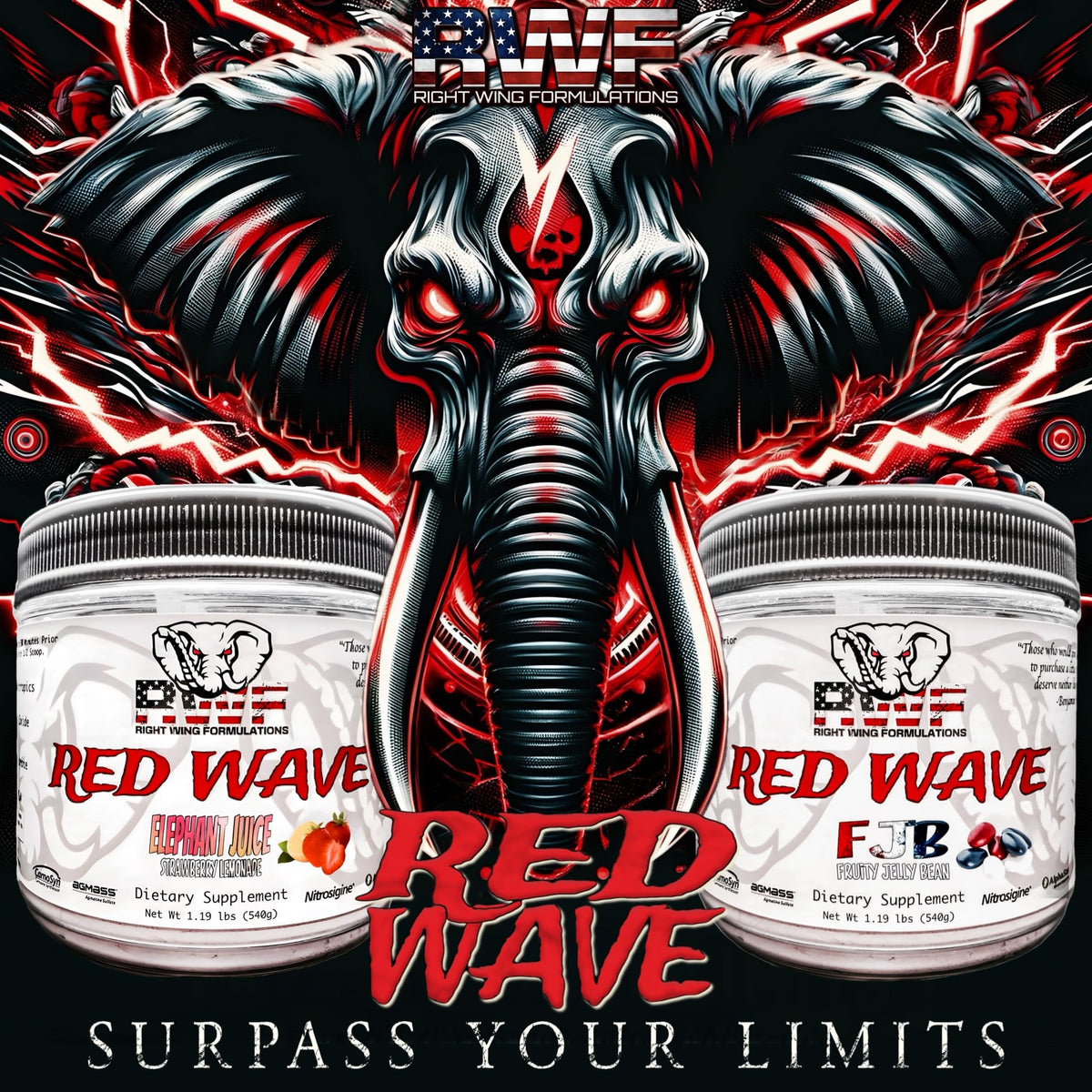 Red Wave Pre Workout Powder With Creatine, Perfect For Men And Women, American Made Nootropic Energy Drink, Stim, Pump, Strength, Citrulline, Beet Root, 300mg Caffeine, 540 Grams (Elephant Juice)