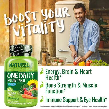 NATURELO Mens Multivitamins - One Daily Multivitamin for Men with Vitamins, Minerals & Organic Whole Foods, Boost Energy & Health, OmniHealth US