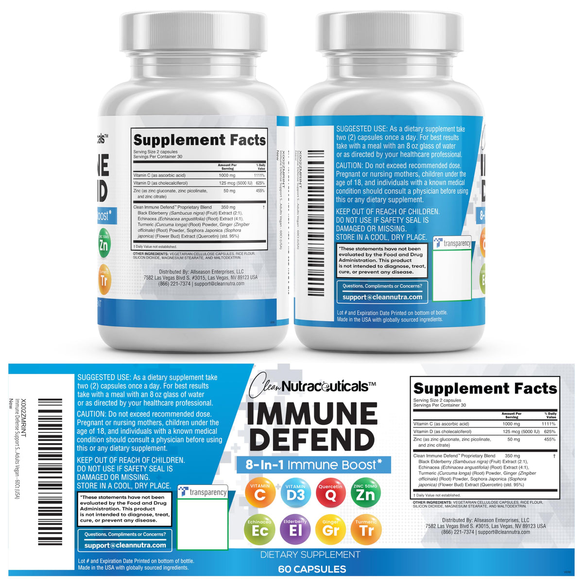 Clean Nutraceuticals Immune Defense Support Supplement 8 in 1 with Zinc 50mg Quercetin, VIT C 1000mg, Vitamin D3 5000 IU, Elderberry, Ginger - OmniHealth US