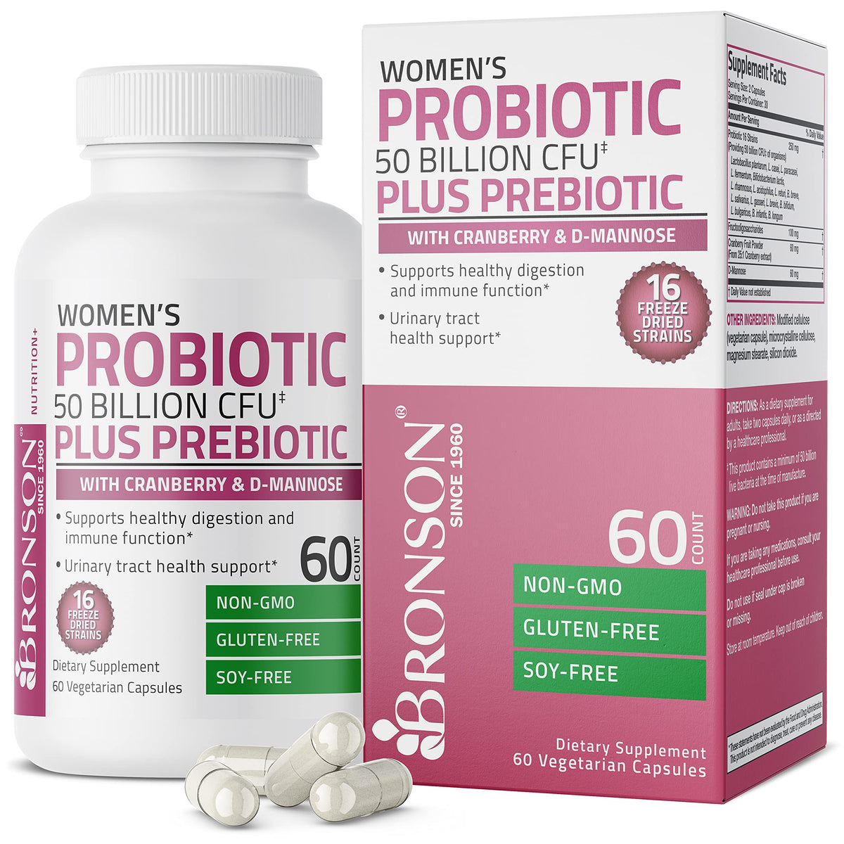 Bronson Women's Probiotic 50 Billion CFU + Prebiotic with Cranberry & D-Mannose – Vaginal Health, Healthy Digestion, Immune Function and Urinary Tract Support, Non-GMO, 60 Vegetarian Capsules - OmniHealth US