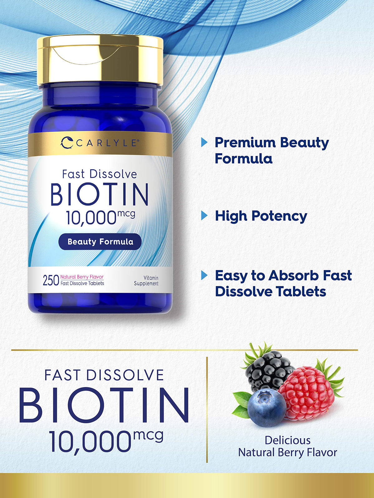 Carlyle Biotin 10000mcg | 250 Fast Dissolve Tablets | Max Strength | Vegetarian, Non-GMO, Gluten Free Supplement - OmniHealth US