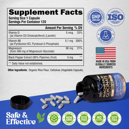 Magnesium Glycinate 500 mg - Chelated Supplement - High Absorption Form of Magnesium - Support for Sleep, Muscle & Heart Health - OmniHealth US