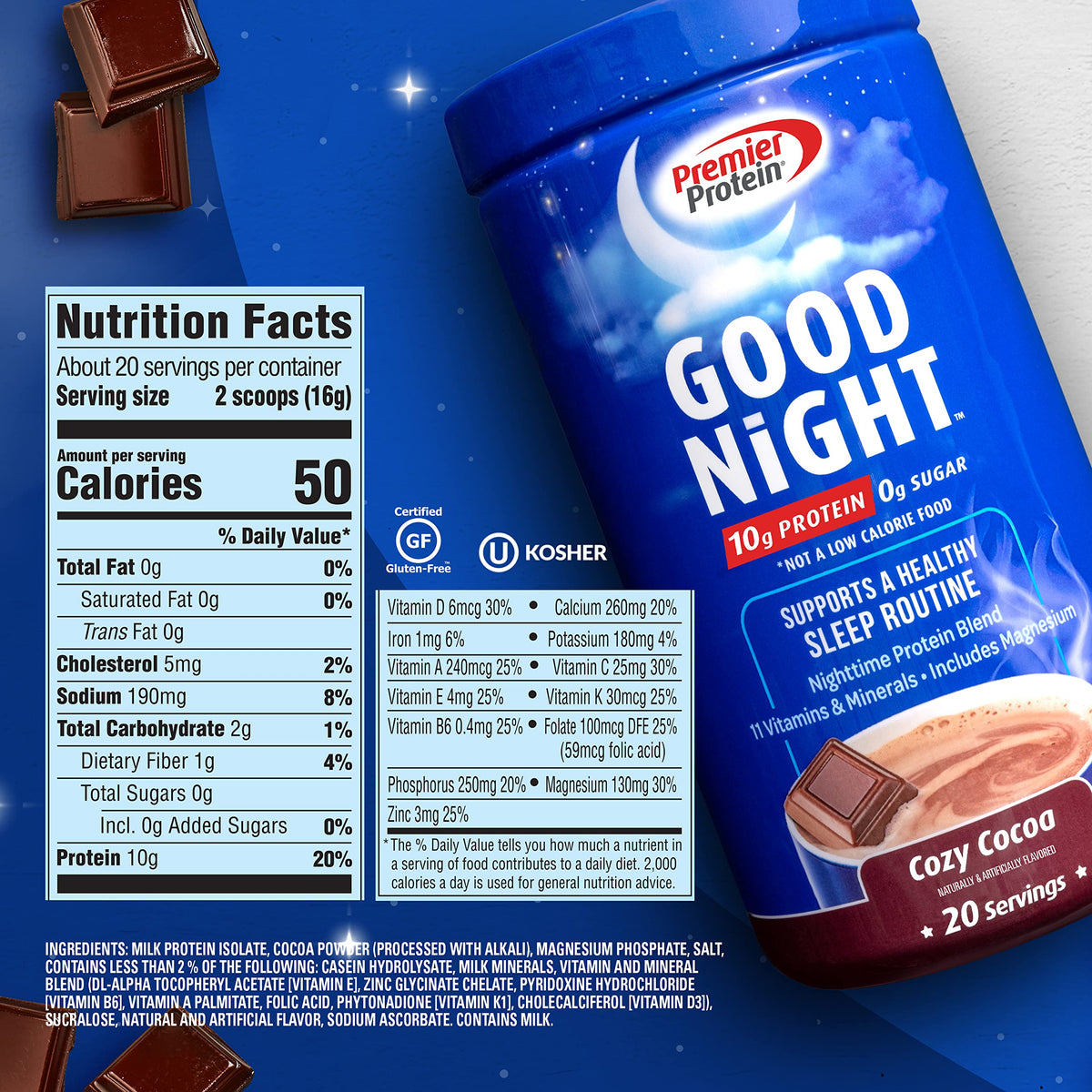 Premier Protein Good Night Protein Powder, Hot Cocoa Mix, 10g Protein, 0g Sugar Premier ProteinBuy Supplements Australia