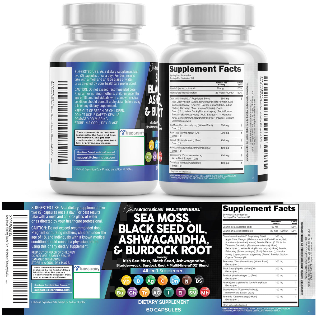 Clean Nutraceuticals Sea Moss Black Seed Oil Ashwagandha Turmeric Bladderwrack Burdock & Vitamin C Vitamin D3 with Elderberry - OmniHealth US