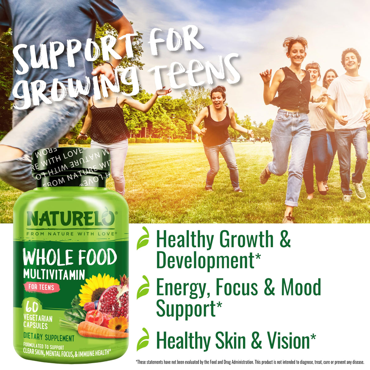 NATURELO Multivitamins for Teenage Girls/Boys, 60 Capsules, Whole Food Multivitamin with Minerals, Non-GMO, Vegetarian - OmniHealth US