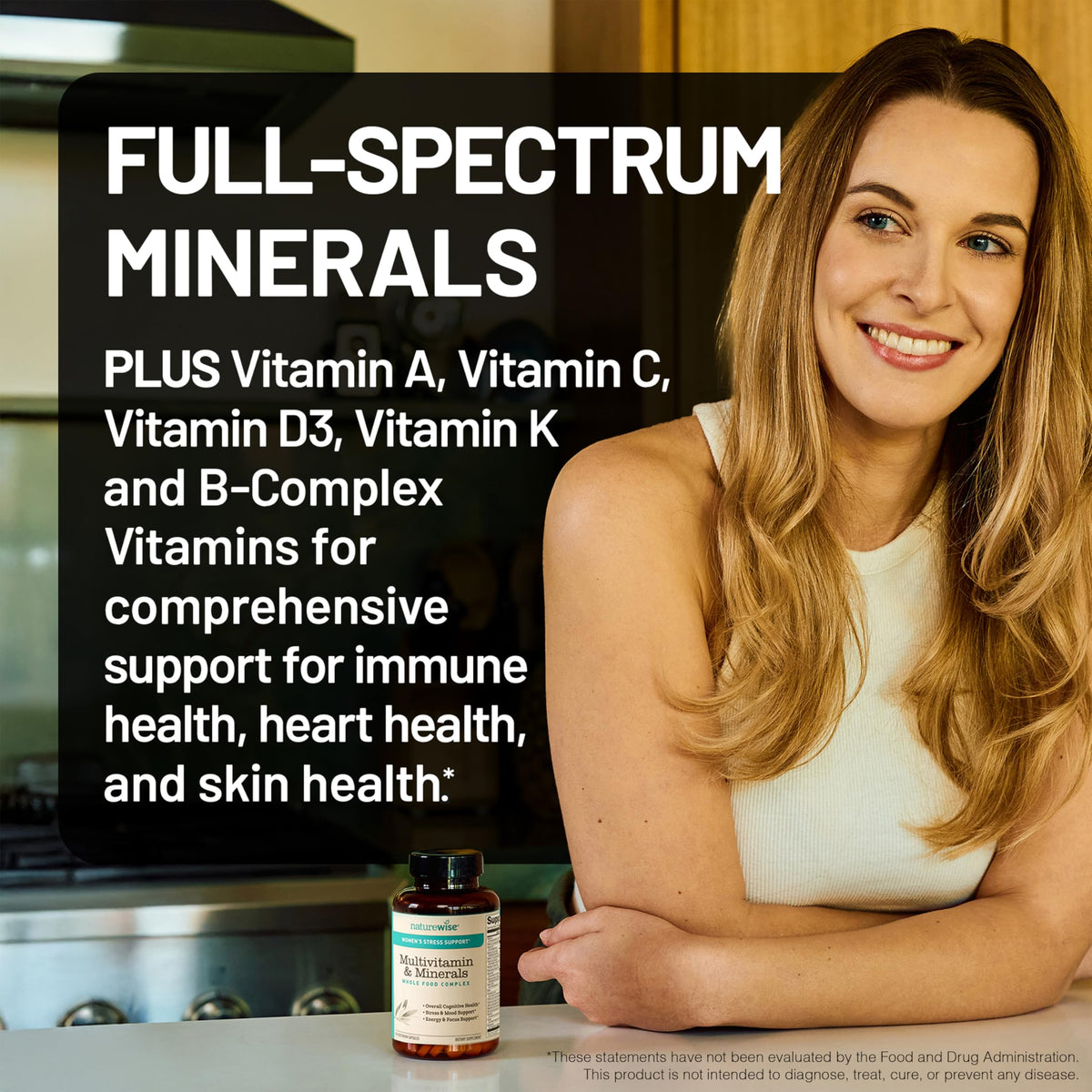 NatureWise Multivitamin for Women + Stress Support with Organic Whole Foods & Natural Minerals - B-Complex + Vitamin C + D3 K2 for Immunity, Hair, Skin & Nails - OmniHealth US