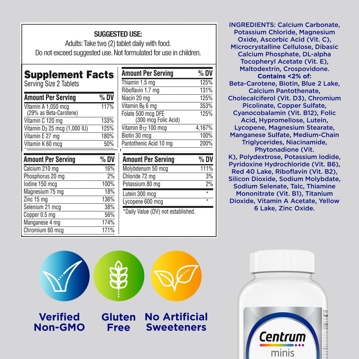 Centrum Minis Silver Multivitamin for Men 50 Plus, Multivitamin/Multimineral Supplement, Vitamin D3, B-Vitamins and Zinc, Non-GMO Ingredients, Supports Memory - OmniHealth US
