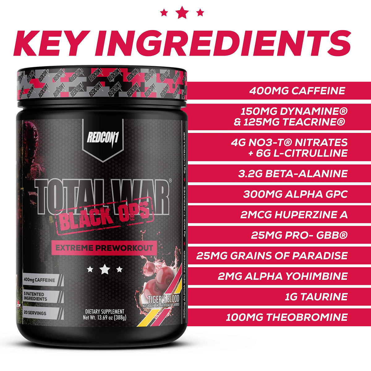 REDCON1 Total War Black Ops Extreme Preworkout Powder, Tigers Blood, High Stimulant REDCON1Buy Supplements Australia