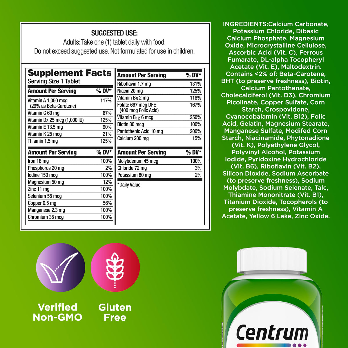 Centrum Adult Multivitamin/Multimineral Supplement with Antioxidants, Zinc, Vitamin D3 and B Vitamins, Gluten Free - OmniHealth US