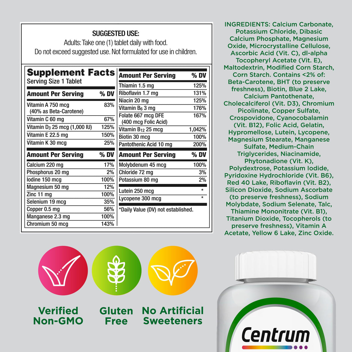 Centrum Silver Multivitamin for Adults 50 Plus, Multivitamin/Multimineral Supplement, Vitamin D3, B Vitamins, Gluten Free, Non-GMO Ingredients - OmniHealth US