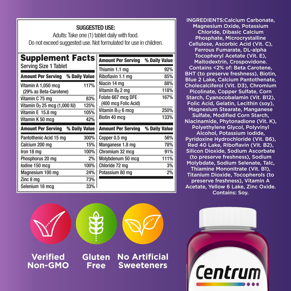 Centrum Multivitamin for Women, Multimineral Supplement with Iron, Vitamin D3, B Vitamins and Antioxidant Vitamins C and E, Gluten Free - OmniHealth US