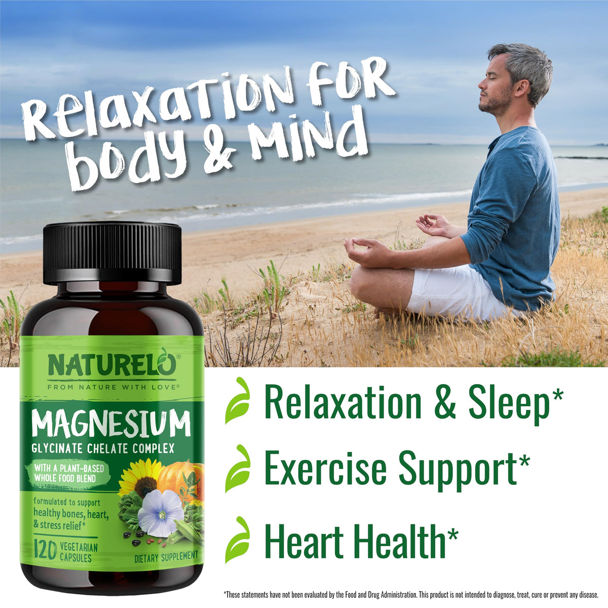 NATURELO Magnesium Glycinate Chelate Complex - 200 mg Magnesium with Organic Vegetables to Support Sleep, Calm, Muscle Cramp & Stress Relief - OmniHealth US
