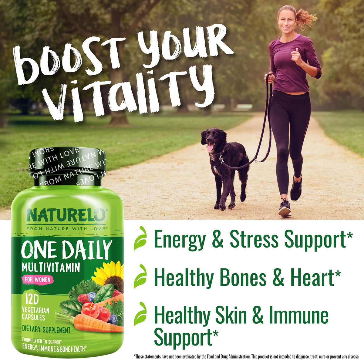 NATURELO One Daily Multivitamin for Women w/Vitamin B12, 120 Ct, Energy Support, Whole Food Daily Women Multivitamin Supplement, Nourish Hair/Skin/Nail, Non-GMO - OmniHealth US