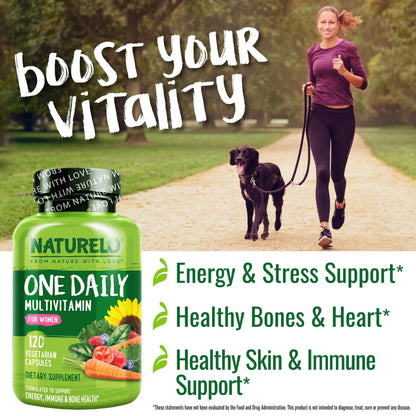 NATURELO One Daily Multivitamin for Women w/Vitamin B12, 120 Ct, Energy Support, Whole Food Daily Women Multivitamin Supplement, Nourish Hair/Skin/Nail, Non-GMO - OmniHealth US