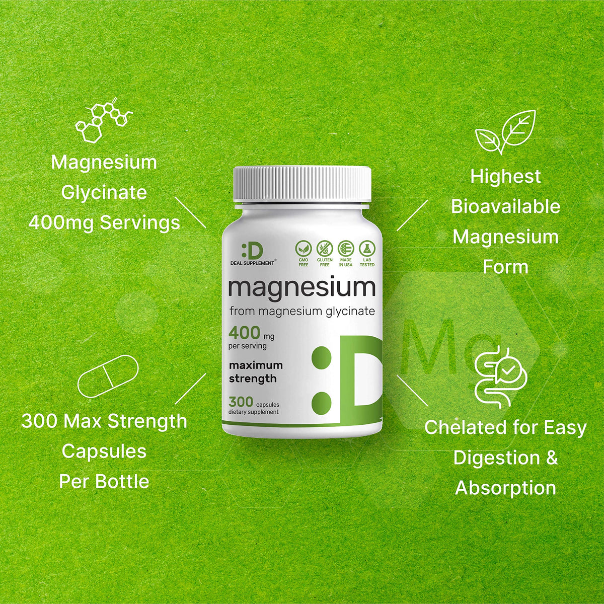 Magnesium Glycinate 400mg, 300 Capsules | 100% Chelated for Easy Absorption | Essential Mineral Supplement for Muscle, Sleep, & Heart Health* - OmniHealth US