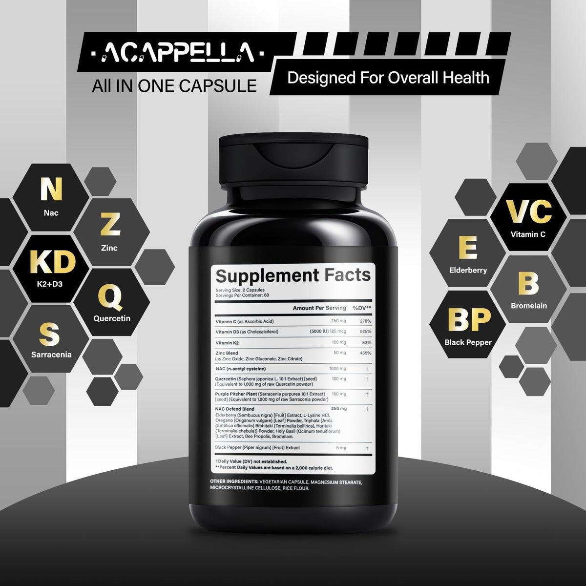 ACAPPELLA N-Acetyl Cysteine Vitamin D3 K2 Zinc Quercetin Sarracenia Purpurea NAC Supplement with Elderberry Holy Basil Bee Propolis Bromelain L-Lysin for Men & Women (1) - Maple Wellness Supplements