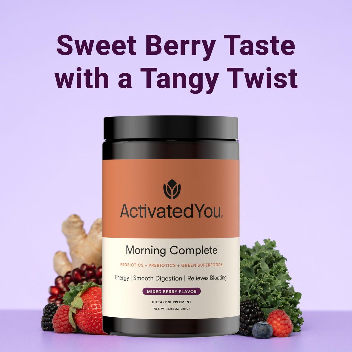 ActivatedYou Morning Complete Super Greens Powder Drink Mix - Gut Health Boost with Prebiotics, Probiotics, & Antioxidants - 10 Billion CFUs, Mixed Berry Flavor - Maple Wellness Supplements