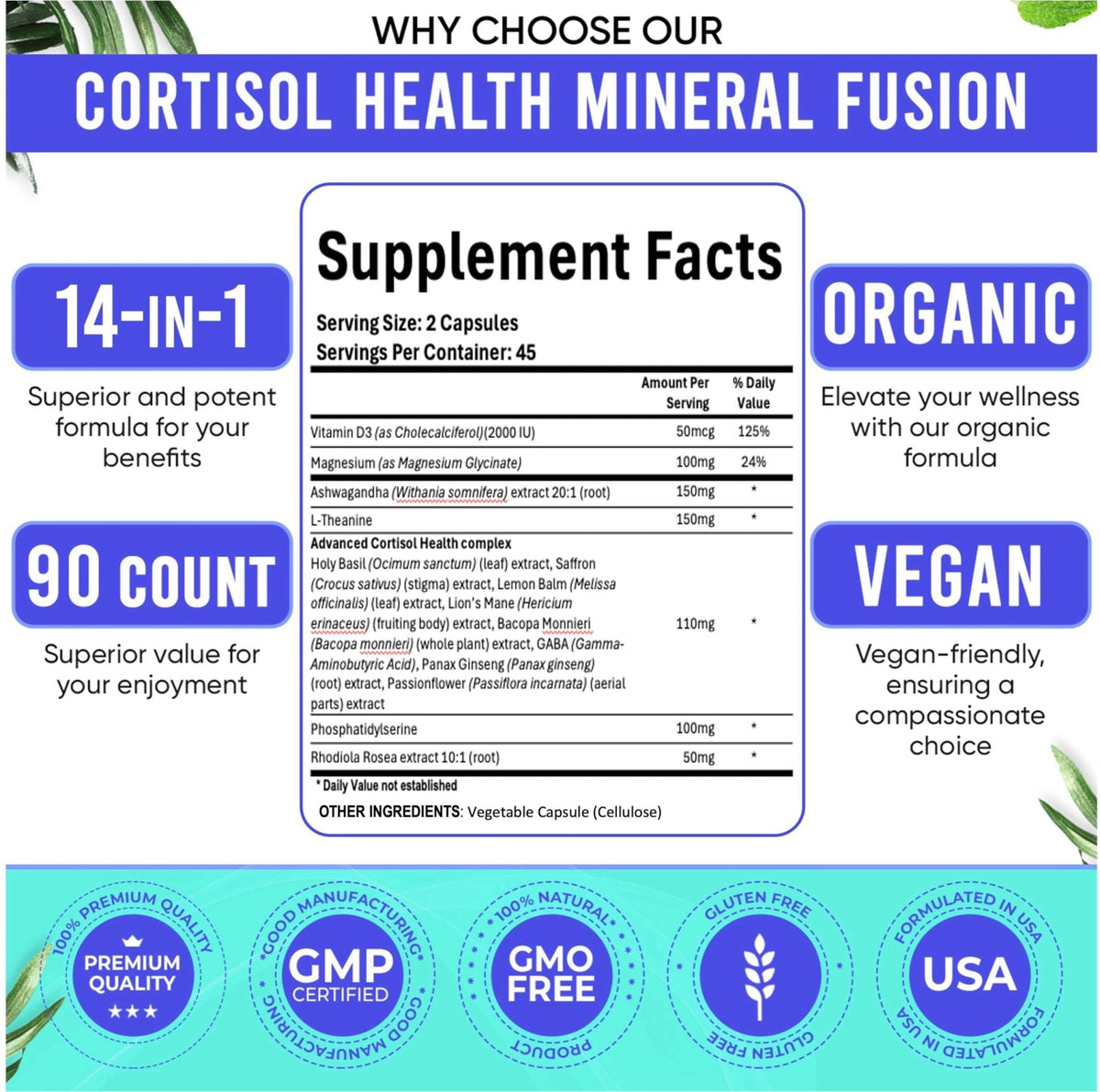 Adndale Cortisol Supplements for Women. Cortisol Reducer 14-in-1 Ashwagandha Supplement with Magnesium Glycinate, L-Theanine & More. 90 Capsules. - Maple Wellness Supplements
