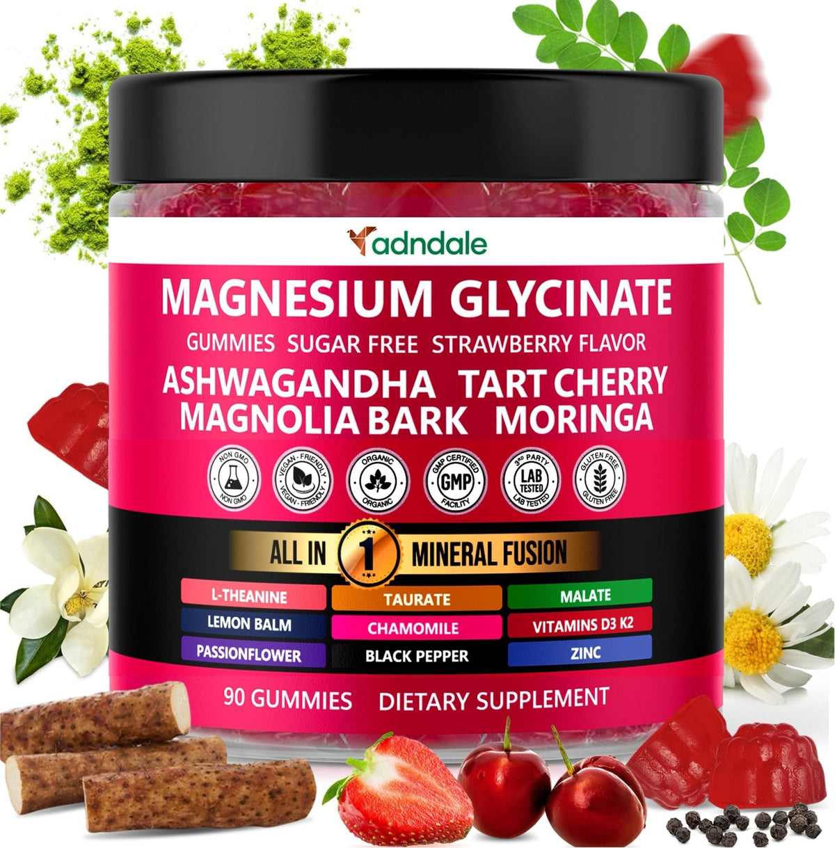 Adndale Magnesium Glycinate 400 mg Gummies with Ashwagandha, Magnesium Malate & Taurate, Tart Cherry, Magnolia Bark, Lemon Balm, Passionflower - Maple Wellness Supplements