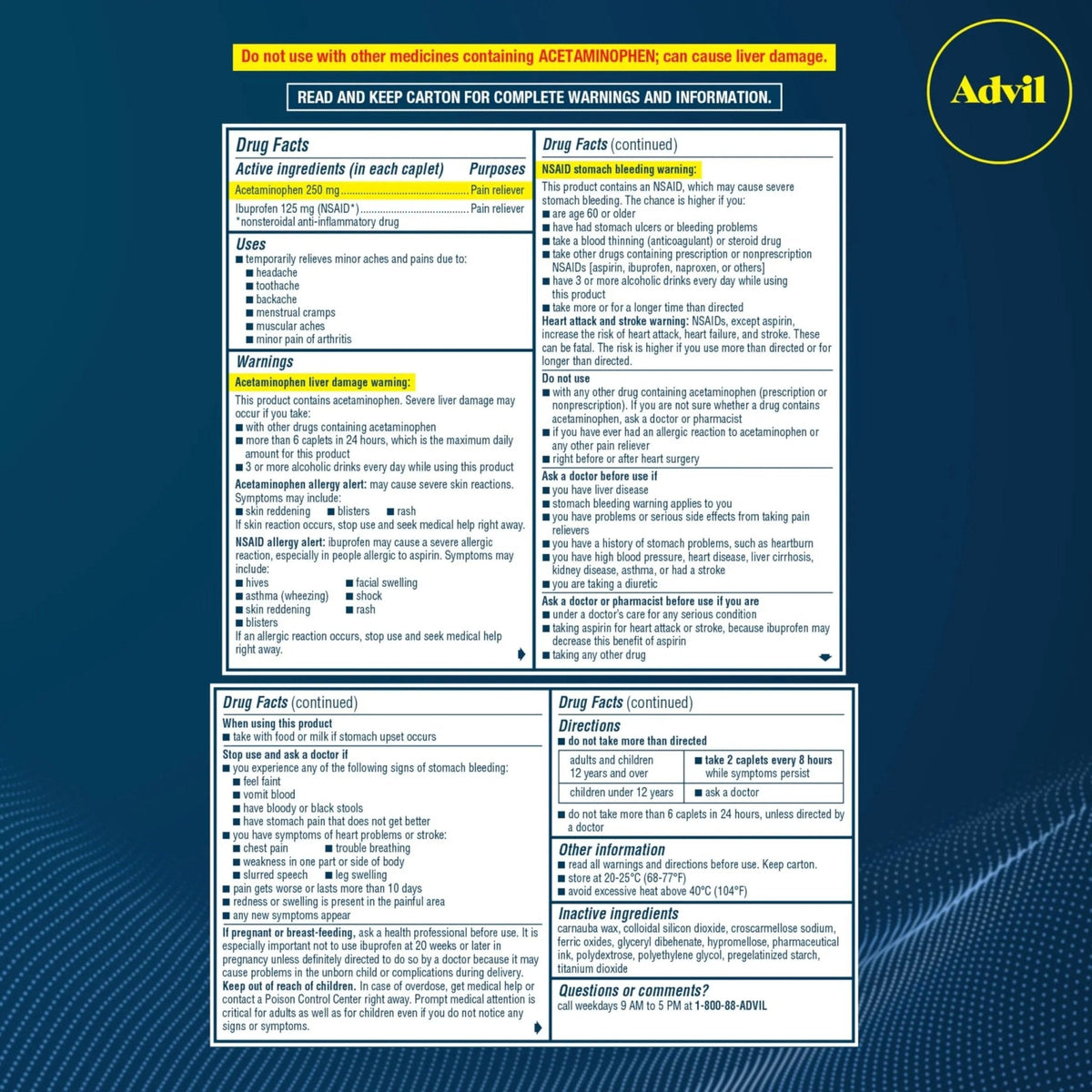 Advil Dual Action With Acetaminophen And Ibuprofen (2 Dose Equivalent) For 8 Hour Pain Relief, Coated 144 Ct Caplets And 2 Ct. Sample Of Advil PM - Maple Wellness Supplements
