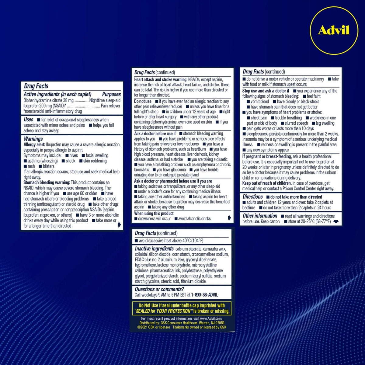 Advil PM Pain Reliever And Nighttime Sleep Aid, Pain Medicine With Ibuprofen For Pain Relief And Diphenhydramine Citrate For A Sleep Aid - 120 Coated Caplets - Maple Wellness Supplements